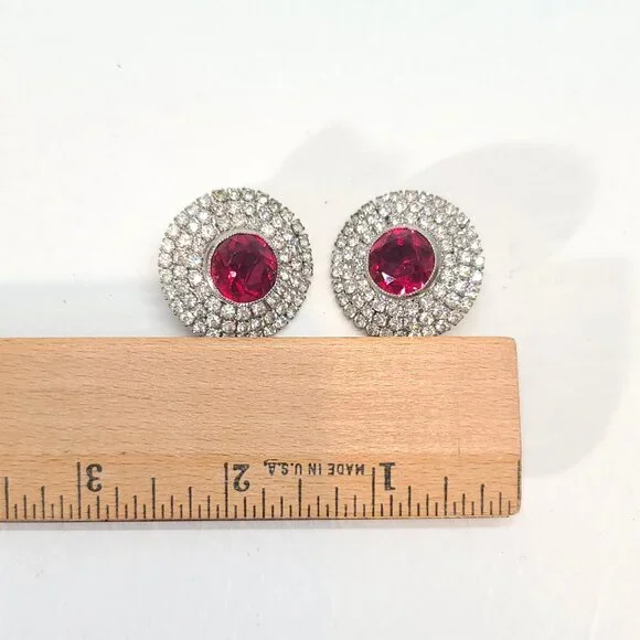 Hobé Ruby Red Rhinestone Clip Earrings Silver Tone Round Halo Art Deco Regency - Picture 7 of 9